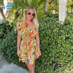 Anthropologie X Farm Rio  Tropical One Shoulder Mini Cutout Dress